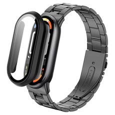 SPACE SHIELD 鋼製錶帶 + 一體式PC鋼化玻璃保護殼套組, 1套, 黑色 + 黑色