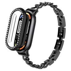 SPACE SHIELD 鍊條手鍊金屬錶帶 + 閃亮水鑽防撞保護殼 2合1套組, 黑色 + 黑色, 1個