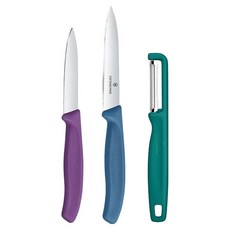 VICTORINOX 瑞士維氏 經典波浪刀 紫色 8cm + 直刃刀 藍色 10cm + 削皮器 綠色 套組 6.7116.33C1, 1套, 直刃刀 + 波浪刀 + 削皮器