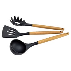 mama cook 媽媽廚 木頭柄矽膠廚具3件組, 1套, 煎鏟 + 湯勺 + 撈麵勺, 黑色 + 褐色
