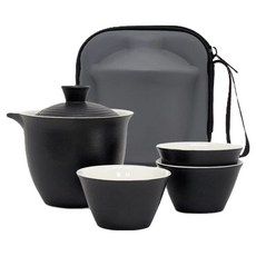 UBUNDOU 雨文堂 墨影旅行茶具陶瓷壺杯組, 200ml壺 + 壺蓋 + 60ml杯 3個 + 收納包, 黑色, 1套