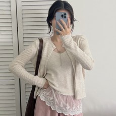 2'nd Pink 女款蕾絲疊穿羊毛混紡針織開襟衫 + 無袖背心套組 50512