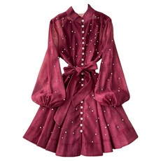 浪漫水鑽澎袖綁帶洋裝, 紅色