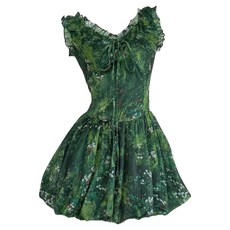 森系精靈少女感雪紡木耳邊泡泡裙洋裝, 綠色