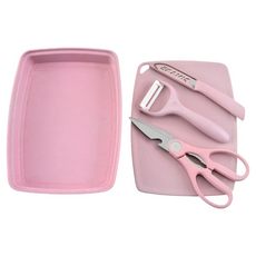 野一夏 馬卡龍小麥秸稈環保不鏽鋼刀具砧板5件組 粉色, 1套, 水果刀 + 食物剪 + 刨刀 + 砧板 + 果盤