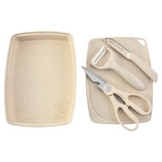 野一夏 馬卡龍小麥秸稈環保不鏽鋼刀具砧板5件組 米色, 1套, 水果刀 + 食物剪 + 刨刀 + 砧板 + 果盤