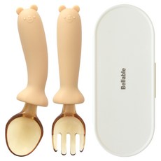 Bellable Gomi 嬰幼兒用矽膠可彎曲自主學習湯匙 + 叉子 + 收納盒組, 1套, MUSTARD(湯匙, 叉子)