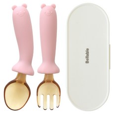 Bellable 嬰幼兒用 Gomi 矽膠可彎曲自主學習湯匙 + 叉子 + 收納盒套組, 1套, 粉紅色(湯匙, 叉子)