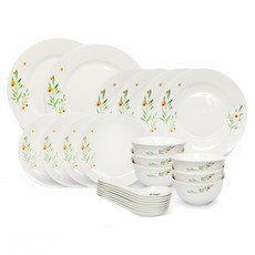 韓國Wonder Mama 時尚花漾餐盤24件組, 1套, 2 個大餐盤 + 4 個湯盤 + 4 個小餐盤 + 6 個飯碗 + 8 個湯匙, 白色