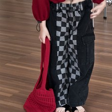 Golden Rabbit C街頭格紋拼接牛仔褲