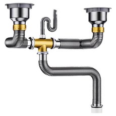 BOBF 廚房洗菜盆雙槽不銹鋼防臭防漏水下水管套裝 銀色, 1個