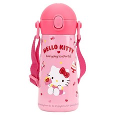 LiLFANT 兒童用 The Bottle Molly 單鍵式雙層不鏽鋼水瓶 + 肩背帶套組, Hello Kitty, 1套, 460ml