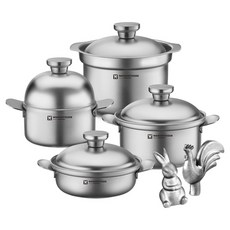 WAGENSTEIGER Rostal電磁爐用無研磨劑五層316不鏽鋼鍋具6件組, 單一顏色, 1套, 飯鍋 + 高身主廚鍋 + 矮鍋 + 高鍋 + 動物造型鍋蓋頭 雞 + 兔子