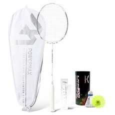 POWERMAX Elastic Force 白灰色 + 握把布 + 專用拍套 + 羽毛球 2入組, 1個, 單一商品