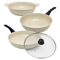 WONDER MAMA 萬能媽媽 杏仁白3鍋4件組, 杏仁白, 1套, 28cm炒鍋 + 28cm平煎鍋 + 28cm湯鍋 + 28公分鍋蓋