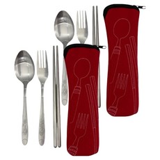 不鏽鋼餐具4件組 CHN331, 筷子 + 湯匙 + 叉子 + 收納袋, 顏色隨機, 2套