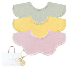 베이비앤아이 유아용 플라워 테리 턱받이 3종 + 홀더 + 선물박스 세트, A 코랄핑크, 옐로우, 올리브(턱받이), 1세트