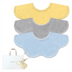 BABY&I 嬰幼兒花朵毛巾布圍兜3件組 + 固定夾 + 禮盒組, C 藍色, 麻灰色, 黃色(圍兜), 1套