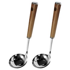 Kitchen House 木柄不鏽鋼烹飪用具 原木紋手柄不鏽鋼湯勺, 銀色, 2個