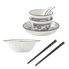 星銳 復古小香風餐具套裝8件套, 2個飯碗 + 2個湯匙 + 盤子 + 湯碗 + 2雙筷子, 1套, 黑色 + 白色