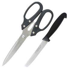 BAROBON Kal百貨 Barobon 彩色廚房剪刀 235mm + 鋸齒水果刀 110mm 套組 黑色, 1套, 廚房剪刀 + 鋸齒水果刀