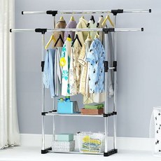 小白家 無輪移動式落地型底部層架雙層衣架, 黑色