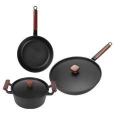 窒氮防鏽輕鐵鍋 豪華3件套, 湯鍋 + 煎鍋 + 炒鍋, 單一顏色, 1套