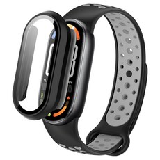 SPACE SHIELD 運動矽膠錶帶 + 多合一PC鋼化玻璃保護殼 2合1套組, 錶帶(黑灰), 保護殼(黑色), 1個