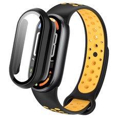 SPACE SHIELD 運動矽膠錶帶 + 多合一PC鋼化玻璃保護殼 2合1套組, 錶帶(黑黃), 保護殼(黑色), 1個