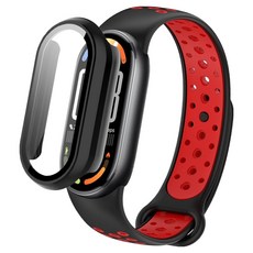 SPACE SHIELD 運動矽膠錶帶 + 多合一PC鋼化玻璃保護殼 2合1套組, 錶帶(黑紅), 保護殼(黑色), 1個