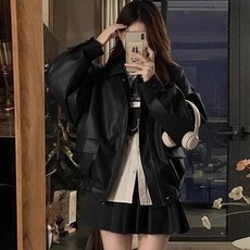 구디프 여성용 PU 레더 레트로 오버핏 점퍼