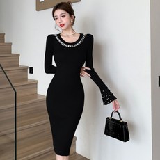 POPLARNC 女款Soriena珠飾針織連身裙 P25WOPS092607, 黑色