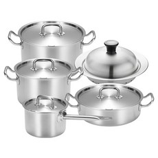 cookever Pro Premium 電磁爐適用全包覆五層鍋具5件組, 1套, 16cm單柄鍋 + 20cm雙耳鍋 + 24cm雙耳鍋 + 24cm淺身湯鍋 + 小型多功能蒸籠, 銀色