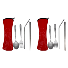 不鏽鋼隨行餐具組5件組, 湯匙 + 叉子 + 筷子 + 吸管 + 收納袋, 顏色隨機, 2套