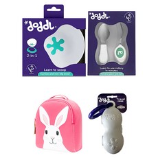 doddL 人體工學兒童學習餐具套組, 叉子 + 湯匙 + 強力吸盤 + 2合1可拆式吸盤碗 + 攜帶盒 + 可機洗兔子樂園輕量後背包, 1套