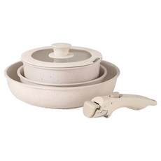 新錸家居 麥飯石疊疊不沾鍋5件組, 1套, 奶白色, 深煎炒鍋 + 平底鍋 + 奶湯鍋 + 玻璃蓋 + 可拆卸手把