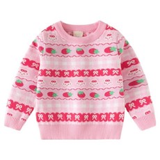 EYOUMONG 兒童寬鬆版草莓蝴蝶結圓領長袖針織T恤 E5W134