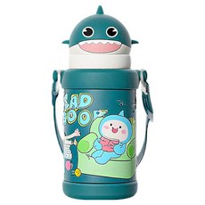 SUNORO 兒童用 卡通小鯊魚316不銹鋼彈跳吸管保溫杯, 綠色, 1個, 550ml