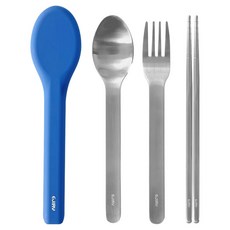 EJIRY Jellybean 外帶餐具組, 藍色, 1套, 湯匙 + 叉子 + 筷子 + 矽膠收納盒