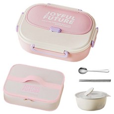Joyful 時尚雙配色304不鏽鋼4格保溫便當盒 附筷子 + 湯匙 + 湯碗 + 袋, 1套, 淺粉色