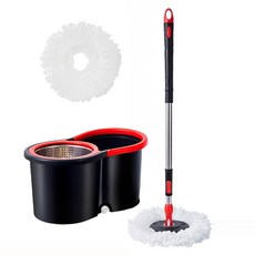 金屬旋轉脫水桶 + 拖把桿 + 超細纖維拖布 2p 組 黑色, 1套