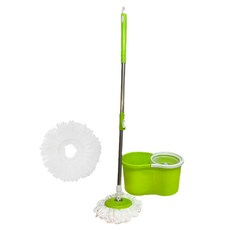 Mobus 塑膠旋轉脫水器 + 拖把桿 + 超細纖維拖把布 2入組 綠色, 1套