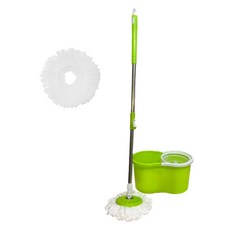 Mobus 塑膠旋轉脫水器 + 拖把桿 + 超細纖維拖把布 2入組 綠色, 1套