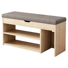 極美家居 穿鞋椅 換鞋凳 收納鞋櫃 玄關鞋櫃 穿鞋凳 穿鞋椅 穿鞋櫃 門口鞋櫃 鞋櫃 鞋櫃收納 80 x 43 x 28cm, 2層, 楓櫻木色+灰色布藝坐墊