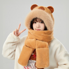 키포포 한겨울 보드 스키 방한 모자 목도리 장갑, 적갈색, 1개