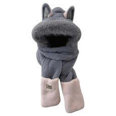 키포포 겨울 스포츠 보드 스키 방한 불여우 일체형 모자 목도리 장갑, 회색, 1개