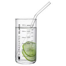 法式瑪爾斯 圓形簡約刻度容量拿鐵玻璃杯 300ml + 玻璃吸管套組 MMM3281, 透明, 1套