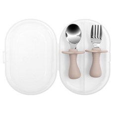 TRENi Mini 安全學習不鏽鋼叉匙組, 湯匙 + 叉子 + 盒子, 1套, 奶茶灰色