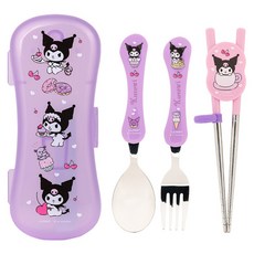 릴팡 산리오 익스슬림 웨이브 스푼포크 젓가락 케이스 4p 세트 쿠로미, 혼합색상, 1세트, 스푼 + 포크 + 교정용 젓가락 + 케이스