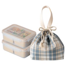 Nanu Dam 分格便當 1層 2入 + 保冷袋組合, 米色(便當), 象牙白(保冷袋), 1套